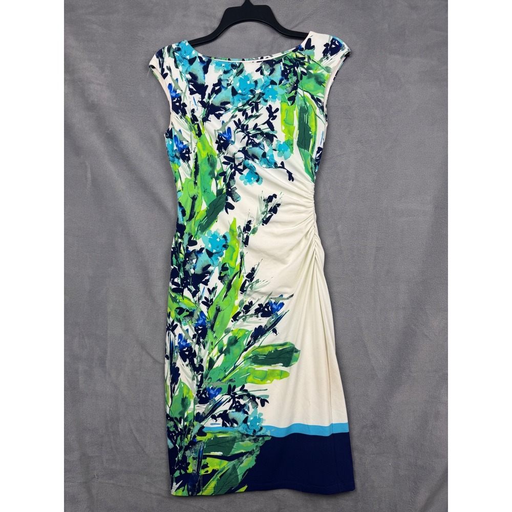 Lauren Ralph Lauren Floral Ruched Sheath Dress Green Blue White Size 2‎
